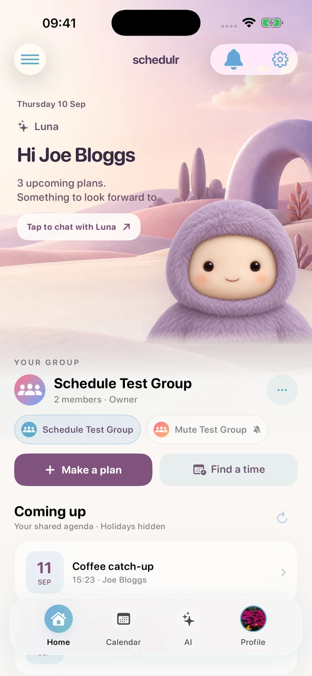 Schedulr home with Luna, group switcher, and upcoming plans