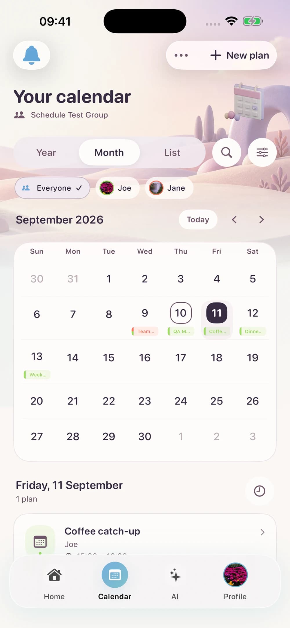 Schedulr’s shared monthly calendar with member filters and upcoming events
