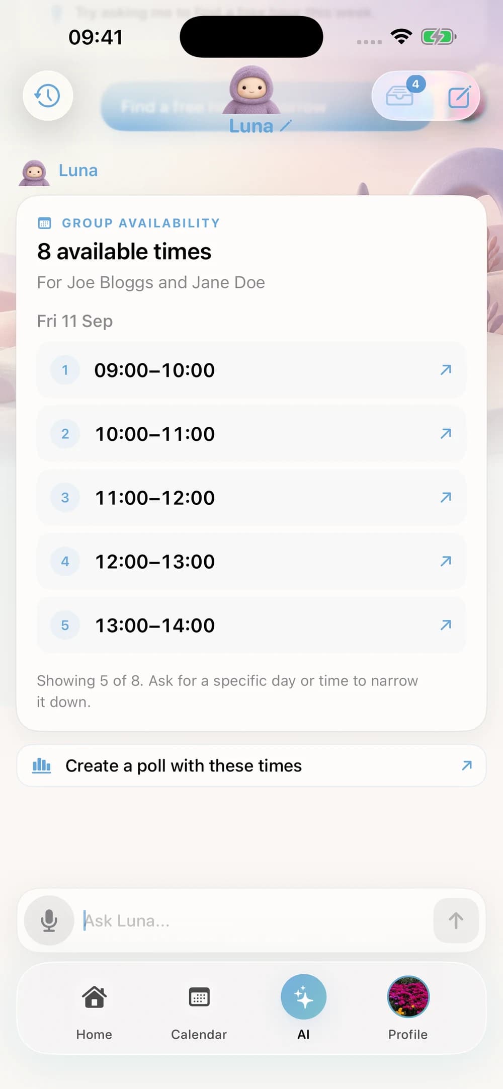 Luna suggesting available times for a group and offering to create a poll