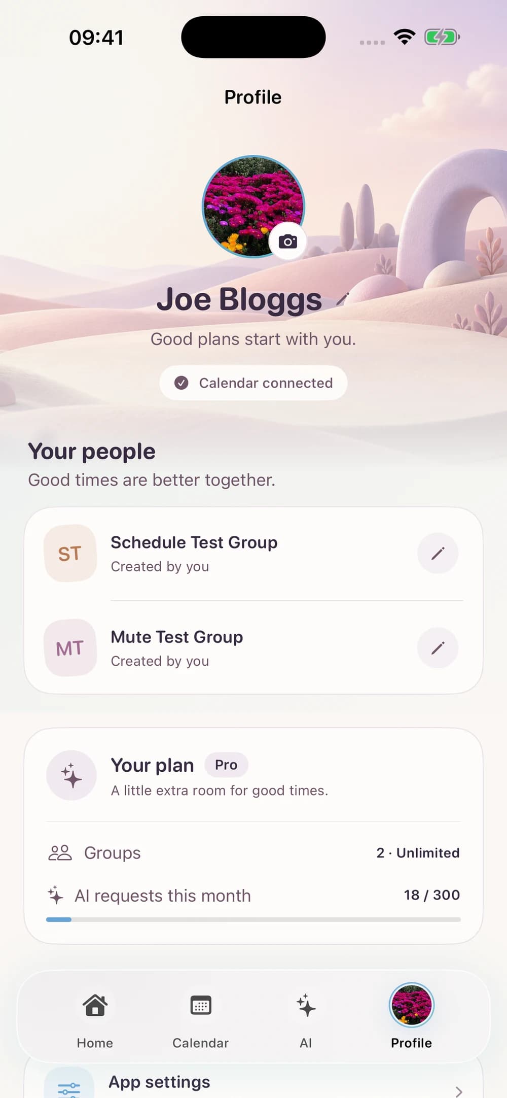 Schedulr profile showing your groups and connected calendar